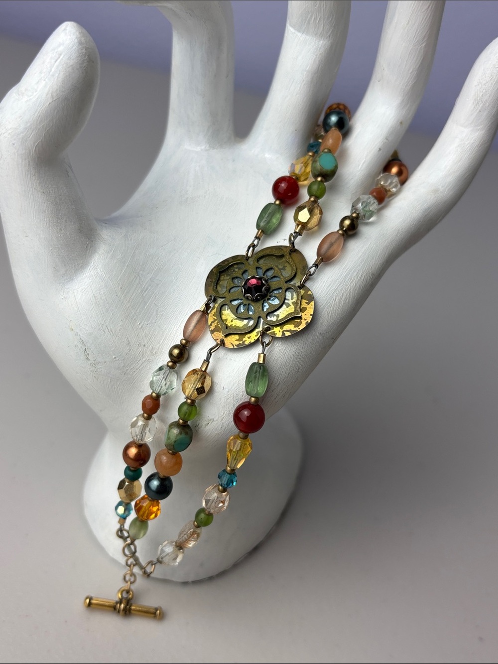 Vintage Holly Yashi Gem Multi Bead Niobium Sacred Geometry & Ruby Center Bracele - Picture 2 of 8